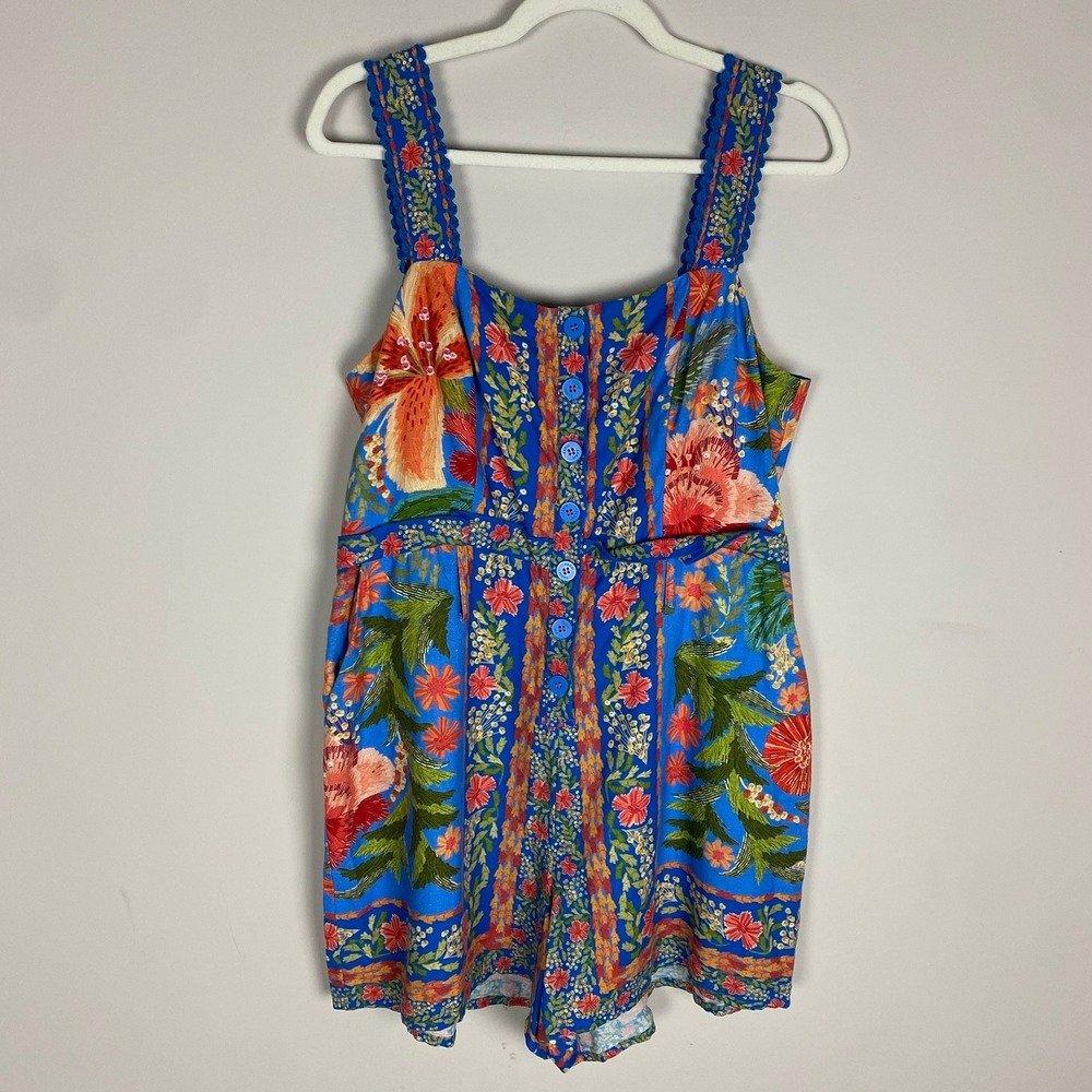 FARM Rio Stitched Garden Blue Romper Tropical Floral Button Front Large Linen